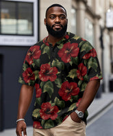 Men's Plus Size Hawaiian Red Floral Print Henry Collar Button Short Sleeve Tee